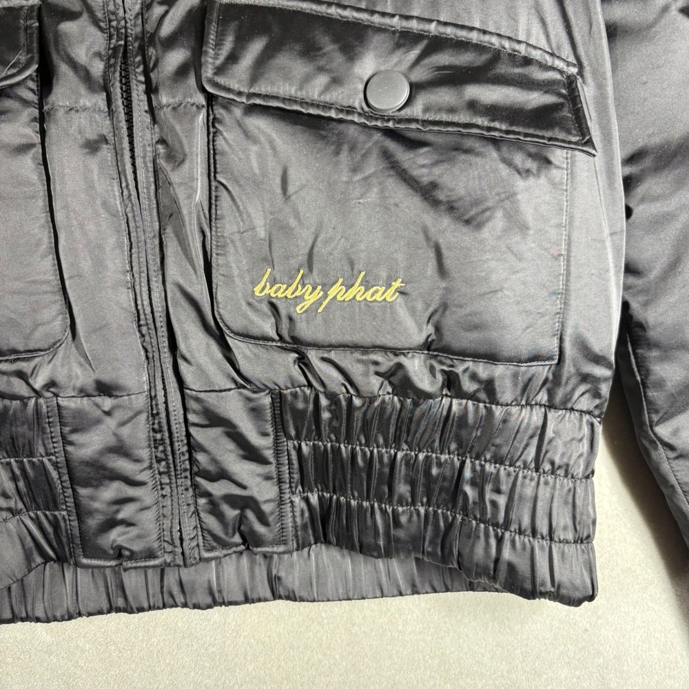 Vintage Baby Phat Y2K Black Satin Down Puffer Jacket Oversized Collar Medium - Picture 2 of 7